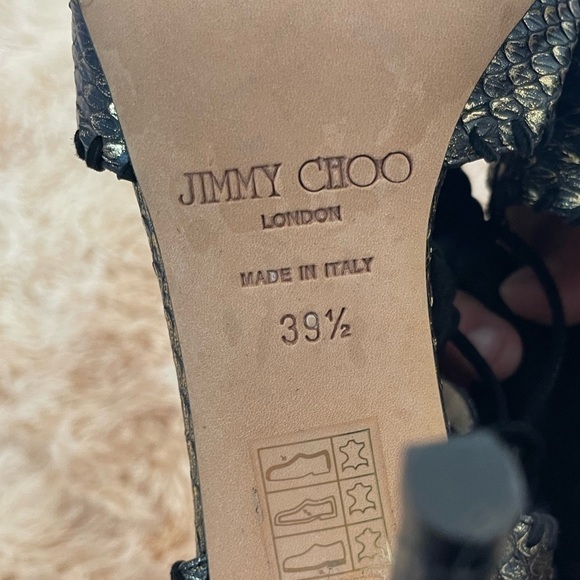 JIMMY CHOO | Black & Gold Snake Skin Print Suede Peep Toe Lace Up Heels | 39.5 9 - Picture 13 of 13